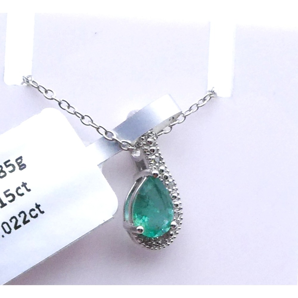 Natural Emerald Diamond Sterling Silver Platinum Plated Pendant Necklace 20in